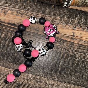 Pink and Black Heart-Shaped Beaded Keychain